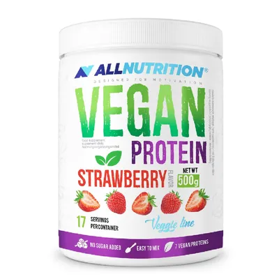 Productafbeelding van ALLNUTRITION VEGAN PROTEÏNE, poeder, met amandelproteïne, hennepzaadproteïne, erwtenproteïne, rijstproteïne, sojaproteïne, aardbeismaak, 21 g, 106,4 kcal, 380 kcal