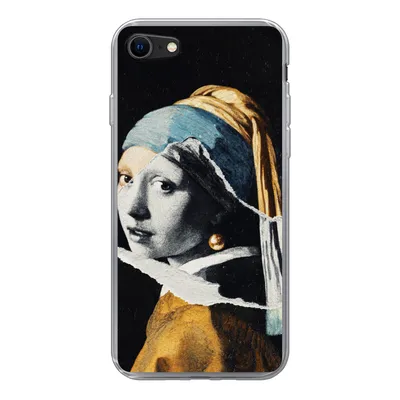 Produktbild von MuchoWow® Handyhülle Schutzhülle Hülle für iPhone SE 2020 Mädchen mit Perlenohrring - Gold - Schwarz - Weiß Silikon Softcase Handy Hülle - Kartenbesitzer