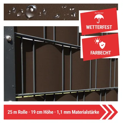Produktbild von Arvotec Sichtschutzstreifen | 25m Rolle, Nussbraun | besonders Stark mit 1,1 mm, keine Klemmschienen nötig | UV- und witterungsbeständig