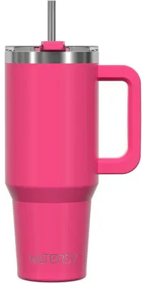 Immagine prodotto di Tazza termica da viaggio, 891 ml, rosa scuro, a doppia parete, in acciaio inossidabile, con isolamento sottovuoto, a prova di perdite, con manico e cannuccia
