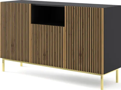 Obrázok produktu pre Komoda RAVENNA A 150 cm 2D1DM rám BLACK MATT / ARTISAN OAK príborník MDF 3 dvierka vysoká doska skrinka otvorené police bufet s frézovanými čelami