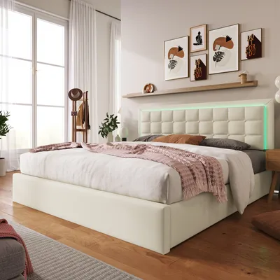 Produktbild von okwish Polsterbett,Doppelbett 180x200cm, Jugendbett mit Lattenrost und Stauraum, Stauraumbett mit LED-Beleuchtung,Mit Matratze,Weiß