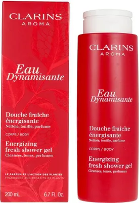 A product shot of a Clarins Eau Dynamisante shower gel and its packaging.