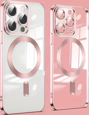 Two identical clear phone cases with rose gold trim and magnetic rings are displayed side-by-side against a pink and white background.