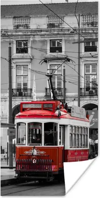Produktbild von MuchoWow® Poster Schwarz-Weiß-Foto mit einer roten Straßenbahn 60x120 cm - Wandschmuck