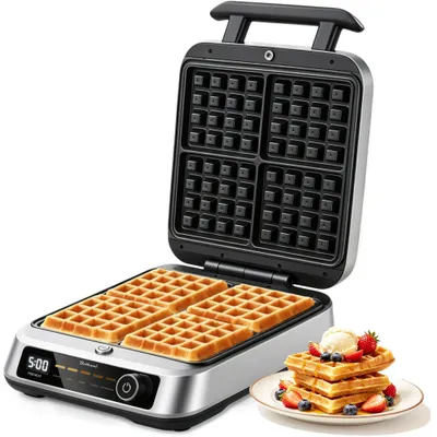 Produktbild von Bolkani Waffeleisen für 4 Belgische Waffeln, 1400W Waffelmaschine, Timer, 5 Backprogramme, Antihaftbeschichtung, Magnetverschluss.