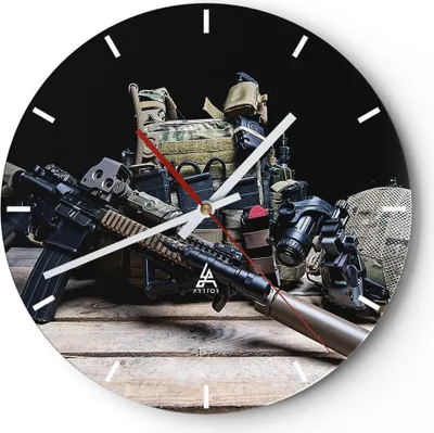 Produktbild von Wanduhr - Rund - Glasuhr - Militaria Gewehr - 30x30cm - Schleichendes Uhrwerk - Lautlos - zum Aufhängen bereit - Dekoration Modern - Wanddekoration aus Glas - C3AR30x30-3889