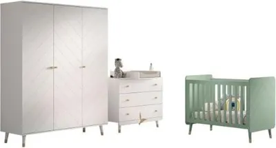Image de Ensemble chambre à coucher Billy - commode, étagère à teinture, armoire trois portes et lit bébé - blanc/vert