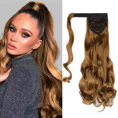 Produktbild von Clip in Ponytail Extensions Pferdeschwanz Haarverlängerung Gewellt Dunkelblond 50 cm