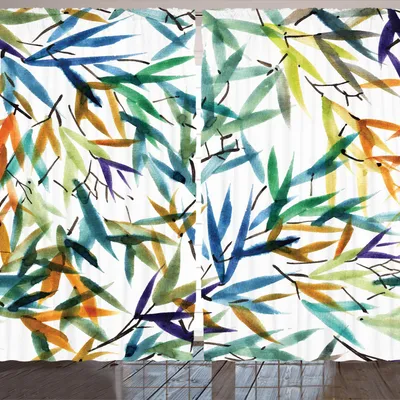 Produktbild von ARANDE traditionell Gardine, Bunte Bambus Baum Blätter Hand gezeichnete Stil spirituelle Pflanzen Bild drucken, 280 x 245 cm, Mehrfarbig