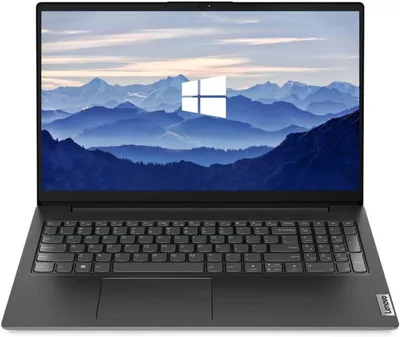 A black Lenovo laptop is shown from the front with its screen displaying a mountain landscape and the Windows logo.