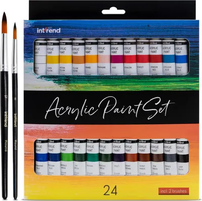 Produktbild von int!rend Acrylfarben Set - 24x Acrylfarbe je 12 ml + 2 Pinsel - Acryl Farbe für Holz, Leinwand, Ton, Steine & Gips - Acrylic Paint für Modellbau Farben und zum Basteln