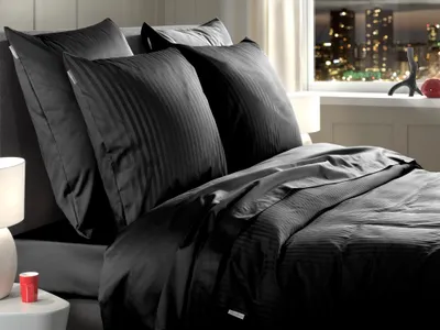 Produktbild von Heckettlane Banda Bettbezug - 155x220 cm – Baumwoll-Satin – Hochwertige Bettwäsche mit Gestreift motiv – Weich - Atmungsaktiv und Hautfreundlich – inkl. 80x80 cm Kissenbezug – Schwarz