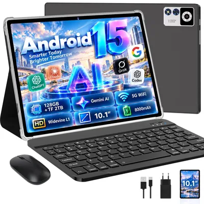 Produktbild von Gemini AI Tablet mit Tastatur und Maus Android 15 Tablet Schwarz