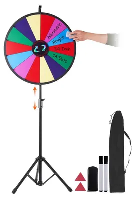 Obrázek produktu pro Kolo štěstí Deluxe - Flexibilní kovový stojan - Průměr 61 cm - 4,3 kg - 14 přizpůsobitelných barevných výherních míst - Možnost personalizace - Nastavitelná výška - Přidání individuálního textu