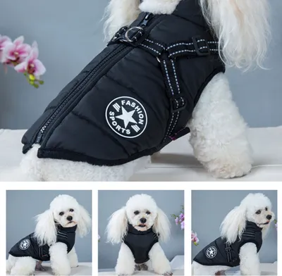 Image de Veste d'hiver pour chiens de compagnie avec harnais Vêtements d'hiver chauds pour chiens Labrador Manteau imperméable pour grands chiens Tenues Chihuahua, M, Noir