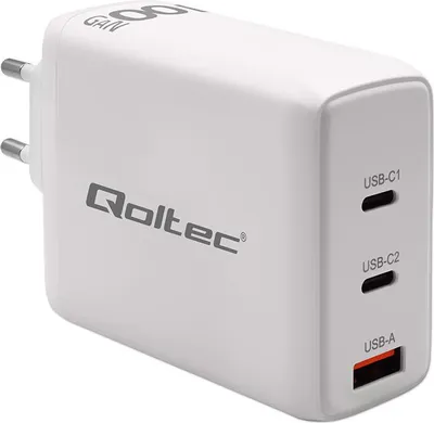 Produktbild von Qoltec 100W GaN-Wandladegerät | 5-20 V | 1,5-5 A | 2 x USB-C PD | 1 x USB QC 3.0 | Laptop | Smartphone | Weiß