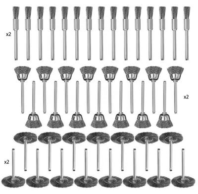 Imagen del producto de Cepillo de alambre para taladro - Set de 90 piezas - Acero inoxidable - Vástago de 3 mm - Diámetro 5, 15 y 25 mm