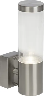 A modern outdoor wall light with a brushed stainless steel base and a clear glass cylinder.
