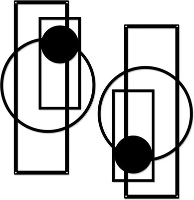 Image de Deux décorations murales géométriques noires, au style minimaliste, pour le salon et la chambre à coucher.