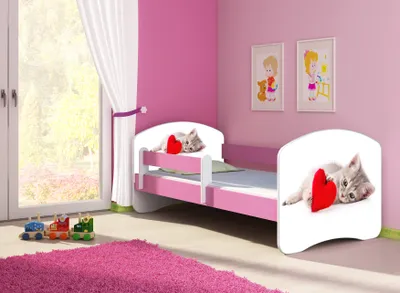 Produktbild von ACMA Jugendbett Kinderbett Junior-Bett Komplett-Set mit Matratze Lattenrost und Rausfallschutz Rosa 40 Katze mit Herz 180x80