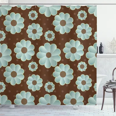 Immagine prodotto di ABAKUHAUS Tenda da doccia marrone e blu, motivo retrò a margherite su sfondo a pois, 175 x 200 cm, marrone chiaro, schiuma di mare, terra d'ombra