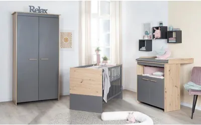 Produktbild von Komplettes Babyzimmer ANNA, Kinderbett 60 x 120 cm, Wickelkommode, Kleiderschrank, Roba, Eiche Kent/Anthrazit
