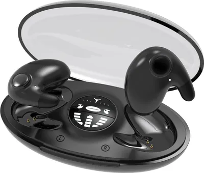 A pair of black wireless earbuds in an open charging case with a digital display.