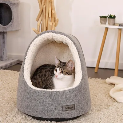 Image de lionto Cave à chats, lit douillet en tissu Oxford avec rembourrage amovible & fond antidérapant, gris clair