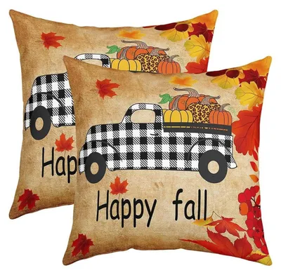 Immagine prodotto di Cuscini decorativi, 40x40 cm, tema autunnale, con motivi di auto, zucche e forme geometriche, confezione da 2, in poliestere