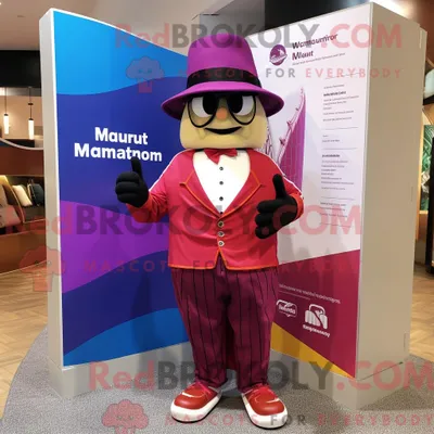 Produktbild von Maskottchen REDBROKOLY eines magentafarbenen Zirkusdirektors bekleidet mit Boardshorts und Einstecktüchern