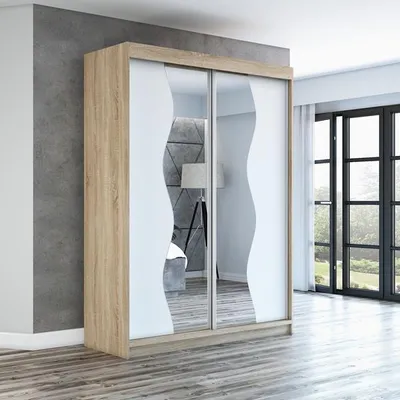 A modern wardrobe with sliding doors, featuring a combination of wood-effect panels and mirrored sections with a wavy white design, set in a minimalist room.