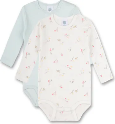 Produktbild von Sanetta 2er Pack Baby Body langarm Off White Hellblau Uni und Blüten Print