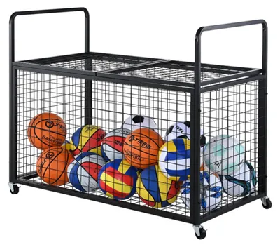 Obrázek produktu pro Relaxdays, vozík na míče, 4 kola, s brzdami, rozměry: 98 x 115 x 61 cm, uzamykatelný, klec na míče pro fotbal a basketbal, černá barva