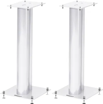 Two white speaker stands are shown against a white background.