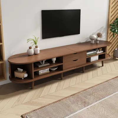 Productafbeelding van Sweiko TV-meubel voor de woonkamer, 175 x 40 x 42 cm, met opbergruimte en een rond tafelblad van MDF met houtnerf. Het meubel heeft 2 lades en is voorzien van telescoopdeuren. Het is een TV-meubel van walnoothout, geschikt voor televisies tot 75 inch