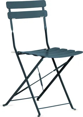 A dark blue metal folding chair is shown against a white background.