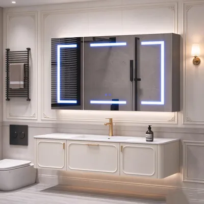 Produktbild von INONEFT Spiegelschrank mit LED Beleuchtung und Steckdose, 3 Türen Badschrank, Dimmbarer Badezimmerschrank, Seitenablage, Beschlagfrei, 100×13.5×60 cm