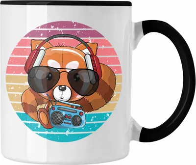 Produktbild von Trendation - Cooler Roter Panda Tasse Musik Kinder Geschenkidee für Jungs Mädchen Lustige Grafik (Schwarz)