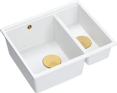 Produktbild von QUADRON Spülbecken 1,5-Becken Spüle | Größe: 55,5 x 46 x 22 cm | LOGAN 150 | Unterbauspüle Granitspüle aus GraniteQ mit Siphon | Weiß + Golden