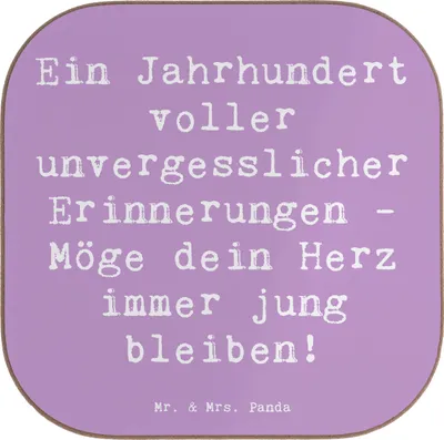 Produktbild von Mr. & Mrs. Panda Tischuntersetzer Spruch 100. Geburtstag Erinnerungen - Lavendeltraum - Geschenk, Coaster, Jubiläum, Geburtstagswünsche, Untersetzer für Gläser, Feier