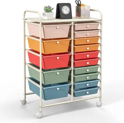 Immagine prodotto di Carrello con 15 cassetti impilabili, carrello portaoggetti per il bagno con 4 ruote universali, carrello multiuso con struttura in metallo per ufficio, cucina, bagno e soggiorno (colorato opaco)