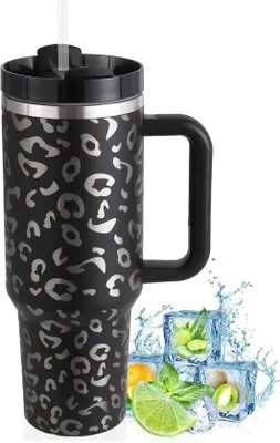 Produktbild von Famanu Thermobecher mit Strohhalm und Griff - 1180 ml, doppelwandig, schwarz