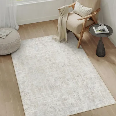Productafbeelding van Vloerkleed beige 80x150 cm, kortpolig, abstract, antislip, machinewasbaar, voor woonkamer