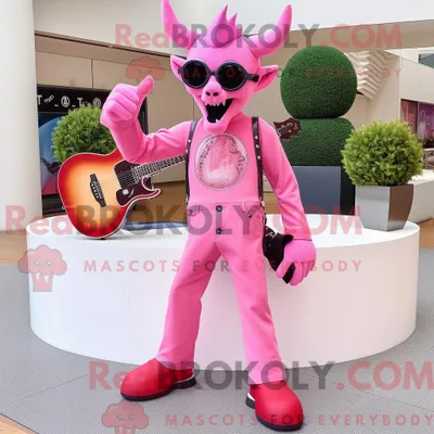 Immagine prodotto di Personaggio mascotte REDBROKOLY di un diavolo rosa vestito con jeans bootcut e occhiali da sole