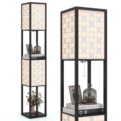 Produktbild von COSTWAY 2 flammige Stehlampe 156cm mit Regal, Stehleuchte mit 2 Muster-Lampenschirmen & Fußschalter, Holzregal Lampe, Standleuchte, Würfel