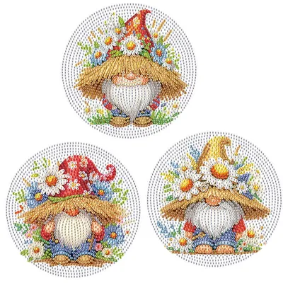 3 Diamond Painting Platzsets, 15 cm, Gnome-Motiv, rutschfest