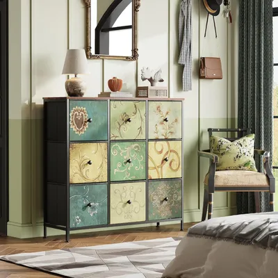 Immagine prodotto di Cassettone da 100 cm - con 9 cassetti e maniglie nere, motivo vintage - Verde