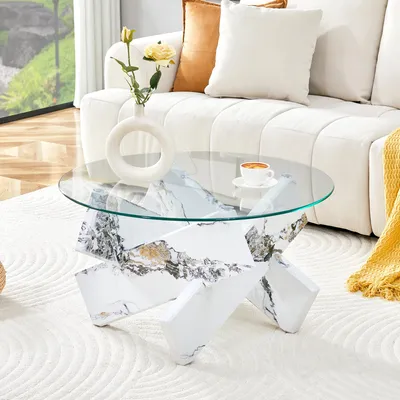 Image de Table basse ronde de 79 cm, verre et MDF, aspect marbre blanc, design élégant