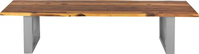 Produktbild von Esszimmerbank 200x40 cm Dallas, Akazienholz cognacfarben, Massive Holzbank mit echter Baumkante, Baumkantenbank mit U-Gestell Silber, Sitzbank mit 26 mm Platte